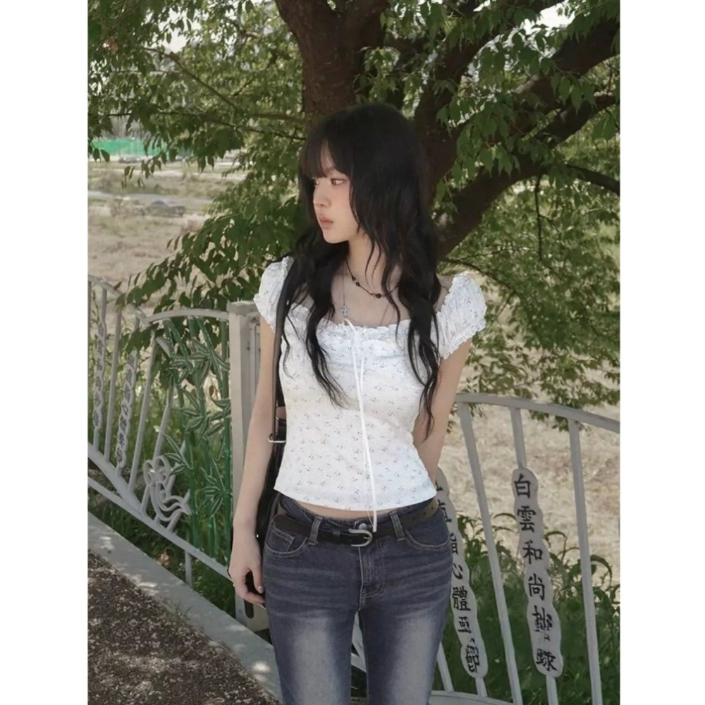 bunny_stall 💐清新少女感的碎花前綁帶荷葉袖上衣/S-L-細節圖5