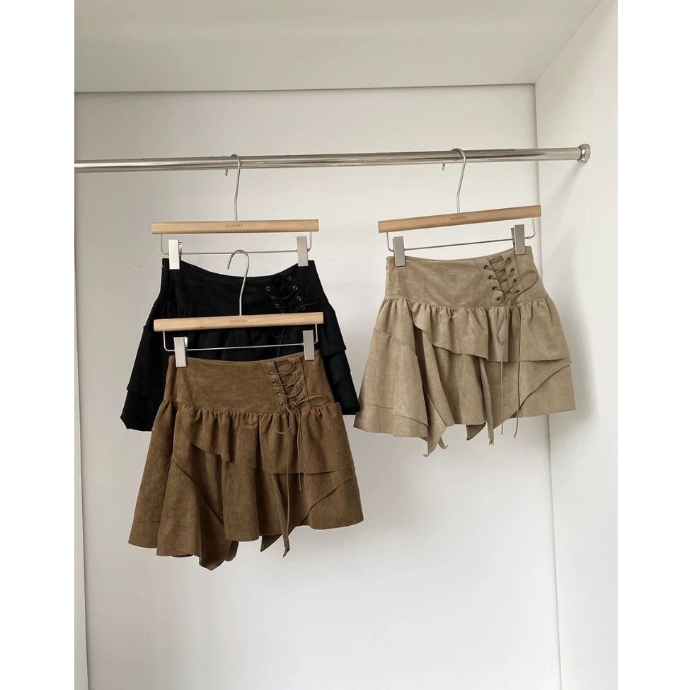 bunny_stall 🍂美拉德不規則綁帶設計麂皮絨短裙/有內襯/S-L-細節圖2