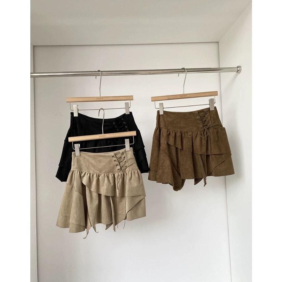 bunny_stall 🍂美拉德不規則綁帶設計麂皮絨短裙/有內襯/S-L-細節圖3
