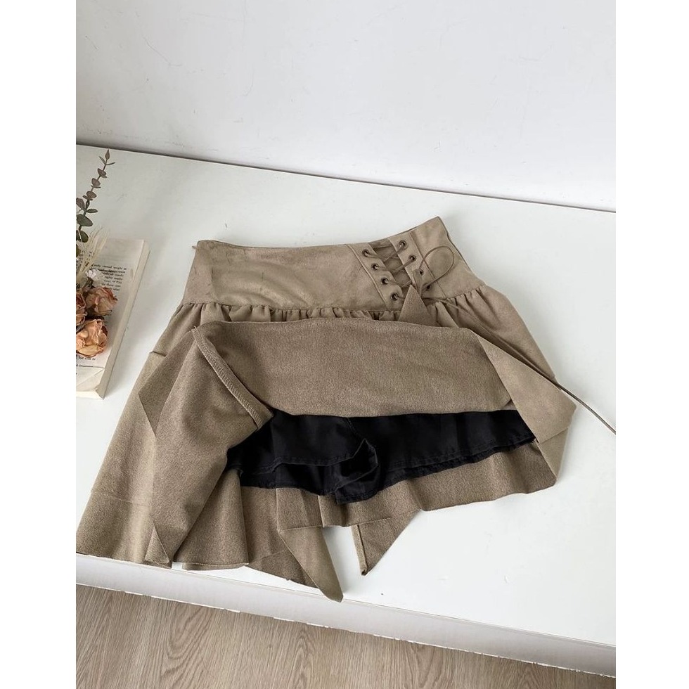 bunny_stall 🍂美拉德不規則綁帶設計麂皮絨短裙/有內襯/S-L-細節圖6
