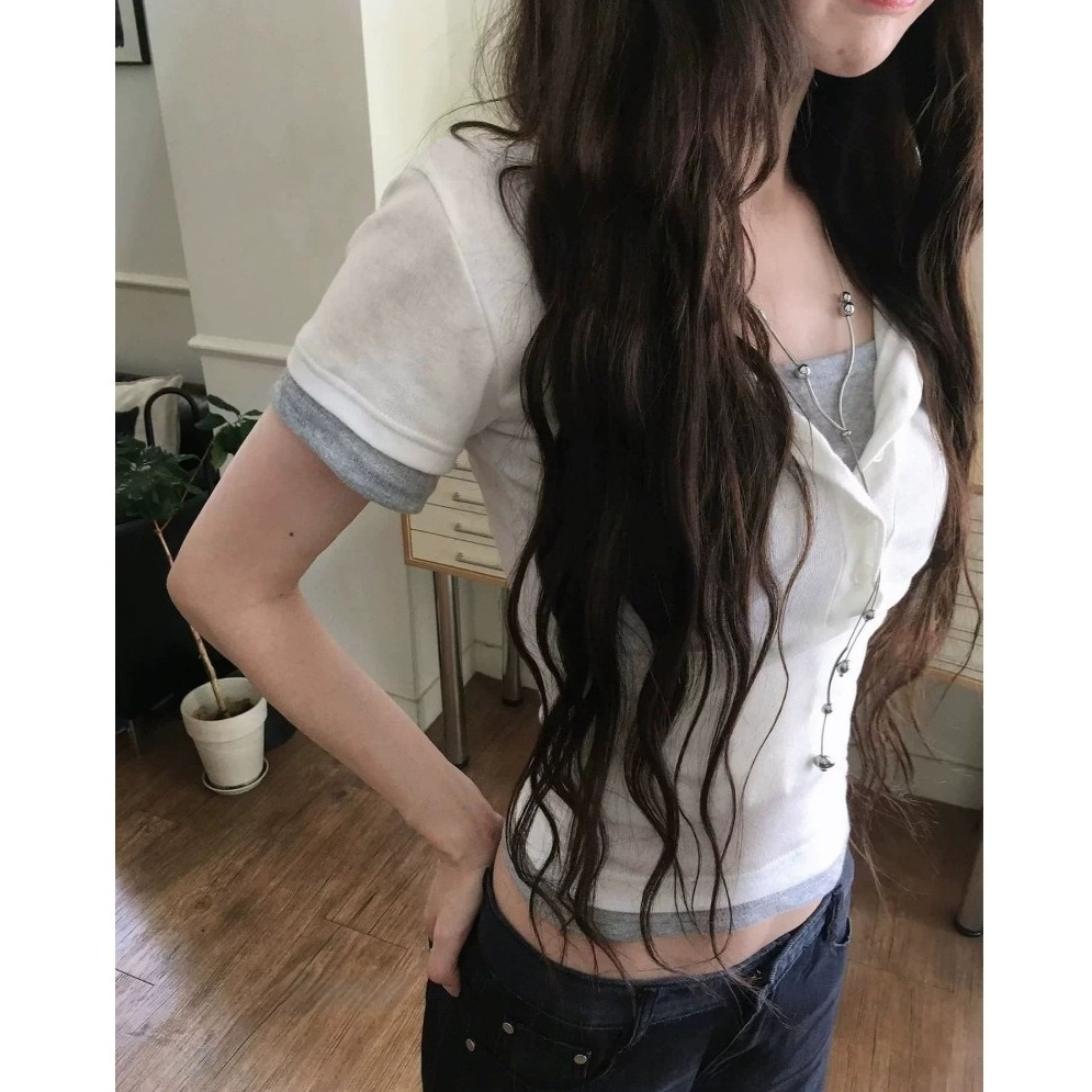 bunny_stall 🖤簡約有型的撞色拼接假兩件式短袖上衣/S-L-細節圖6