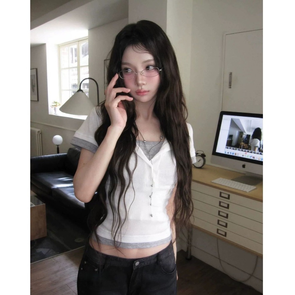 bunny_stall 🖤簡約有型的撞色拼接假兩件式短袖上衣/S-L-規格圖8
