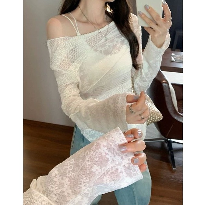 bunny_stall 法式女伶感🤍蕾絲斜肩透膚長袖上衣/S-L-細節圖2