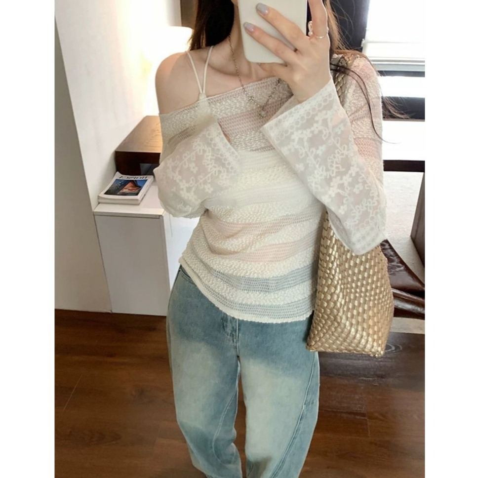 bunny_stall 法式女伶感🤍蕾絲斜肩透膚長袖上衣/S-L-細節圖3