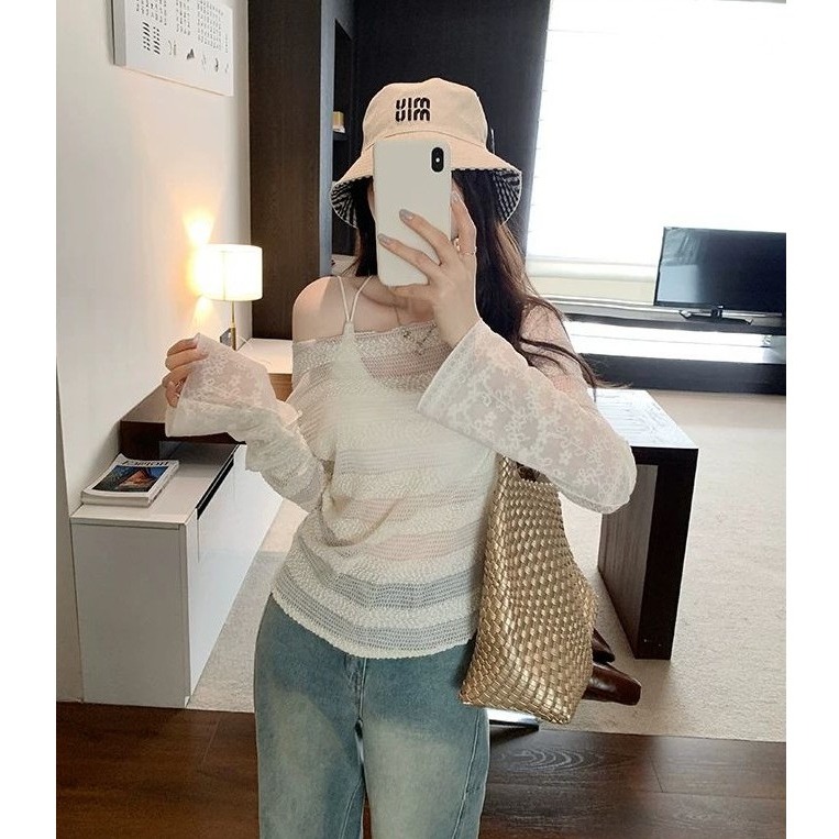 bunny_stall 法式女伶感🤍蕾絲斜肩透膚長袖上衣/S-L-細節圖5
