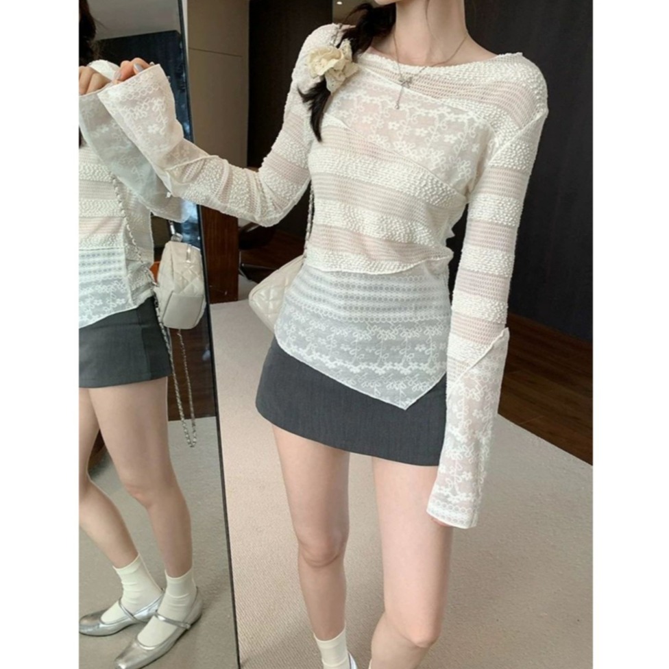 bunny_stall 法式女伶感🤍蕾絲斜肩透膚長袖上衣/S-L-細節圖7