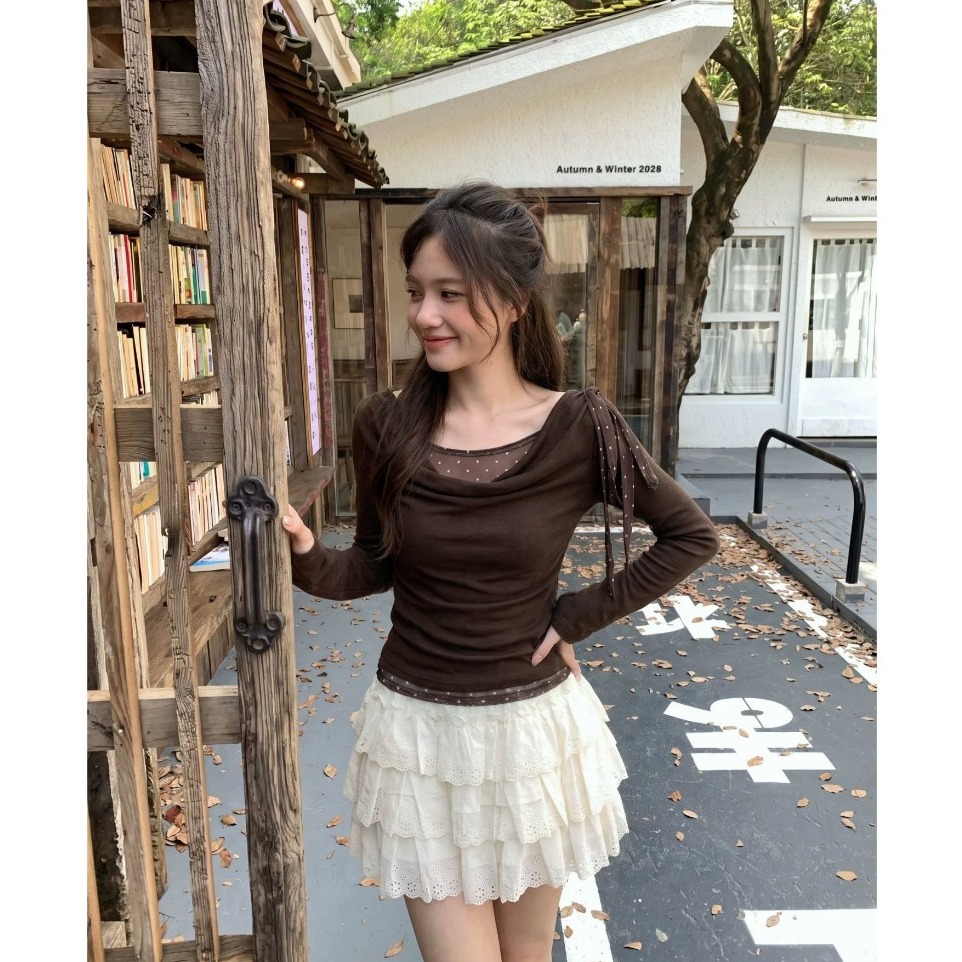 bunny_stall 妳很好看🤎綁帶點點垂墜皺褶假兩件式長袖上衣/S-L-細節圖5