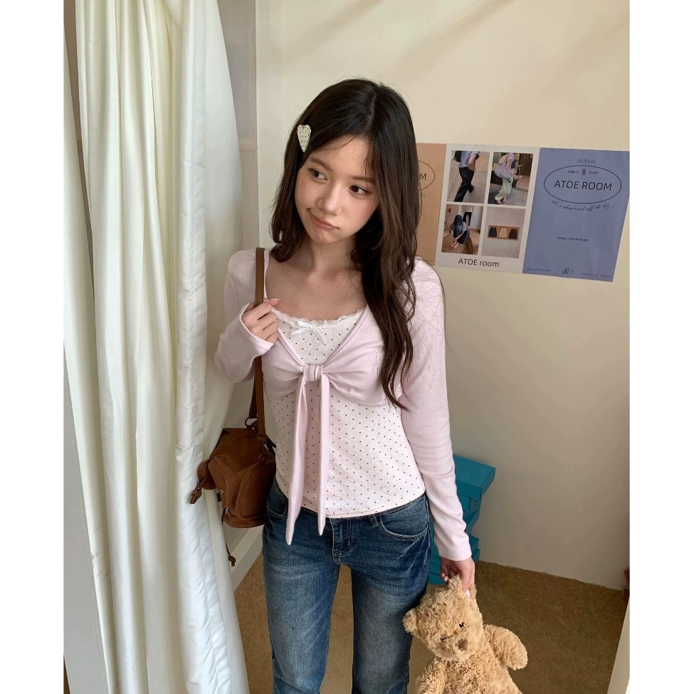 bunny_stall 控制不住的喜歡💘點點拼接蝴蝶結假兩件式長袖上衣/5Colors/S-L-細節圖6