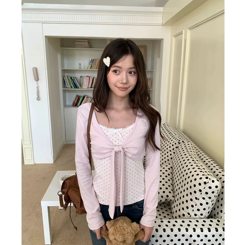 bunny_stall 控制不住的喜歡💘點點拼接蝴蝶結假兩件式長袖上衣/5Colors/S-L-細節圖7