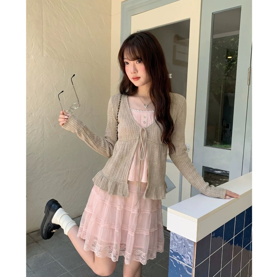 bunny_stall 早秋晴朗🍂甜美感麻花綁帶假兩件式針織衫/S-L-細節圖3