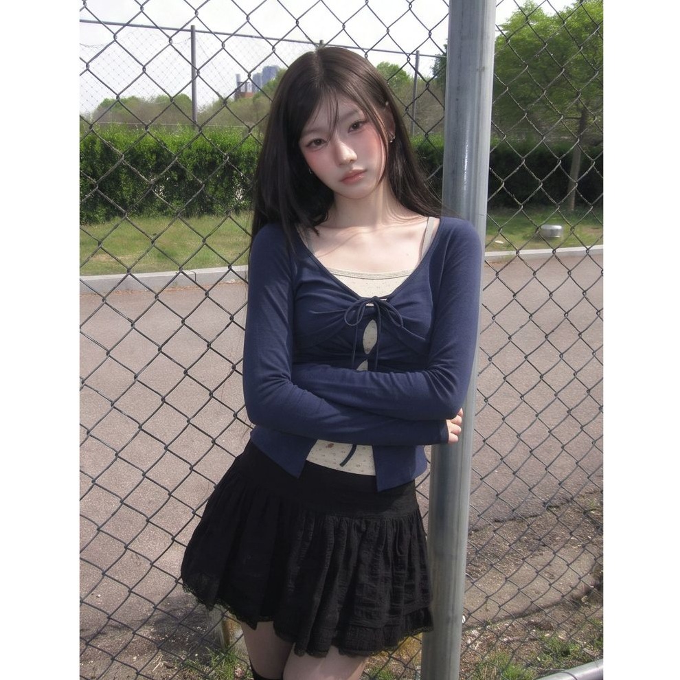 bunny_stall 💐韓劇女主角的甜美質感碎花綁帶假兩件式長袖上衣/S-L-細節圖2