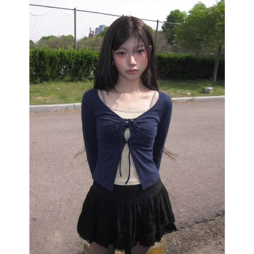 bunny_stall 💐韓劇女主角的甜美質感碎花綁帶假兩件式長袖上衣/S-L-細節圖3