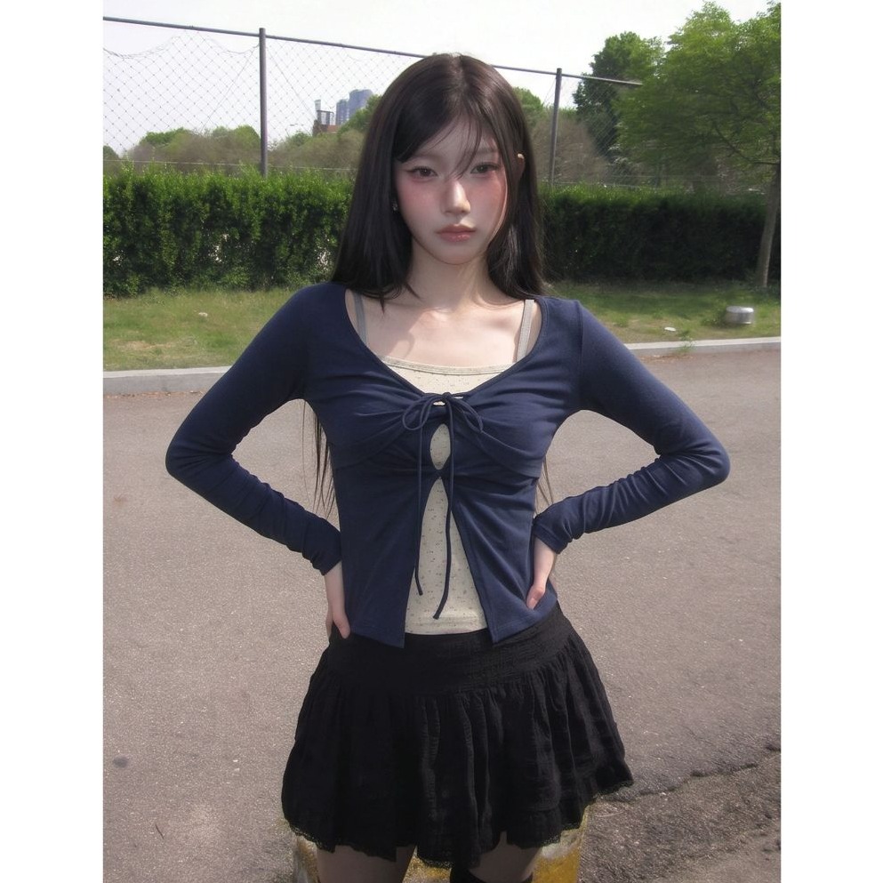 bunny_stall 💐韓劇女主角的甜美質感碎花綁帶假兩件式長袖上衣/S-L-細節圖4