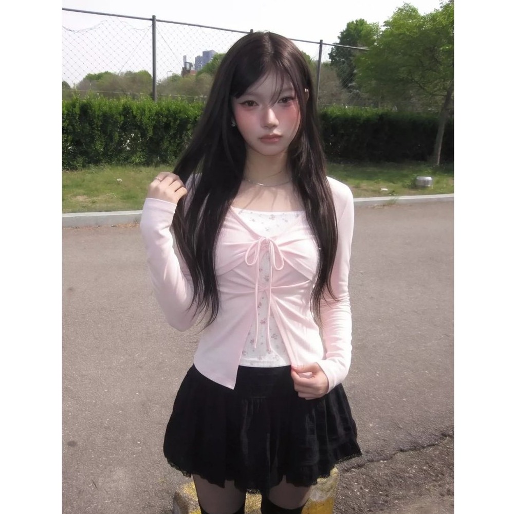 bunny_stall 💐韓劇女主角的甜美質感碎花綁帶假兩件式長袖上衣/S-L-細節圖5