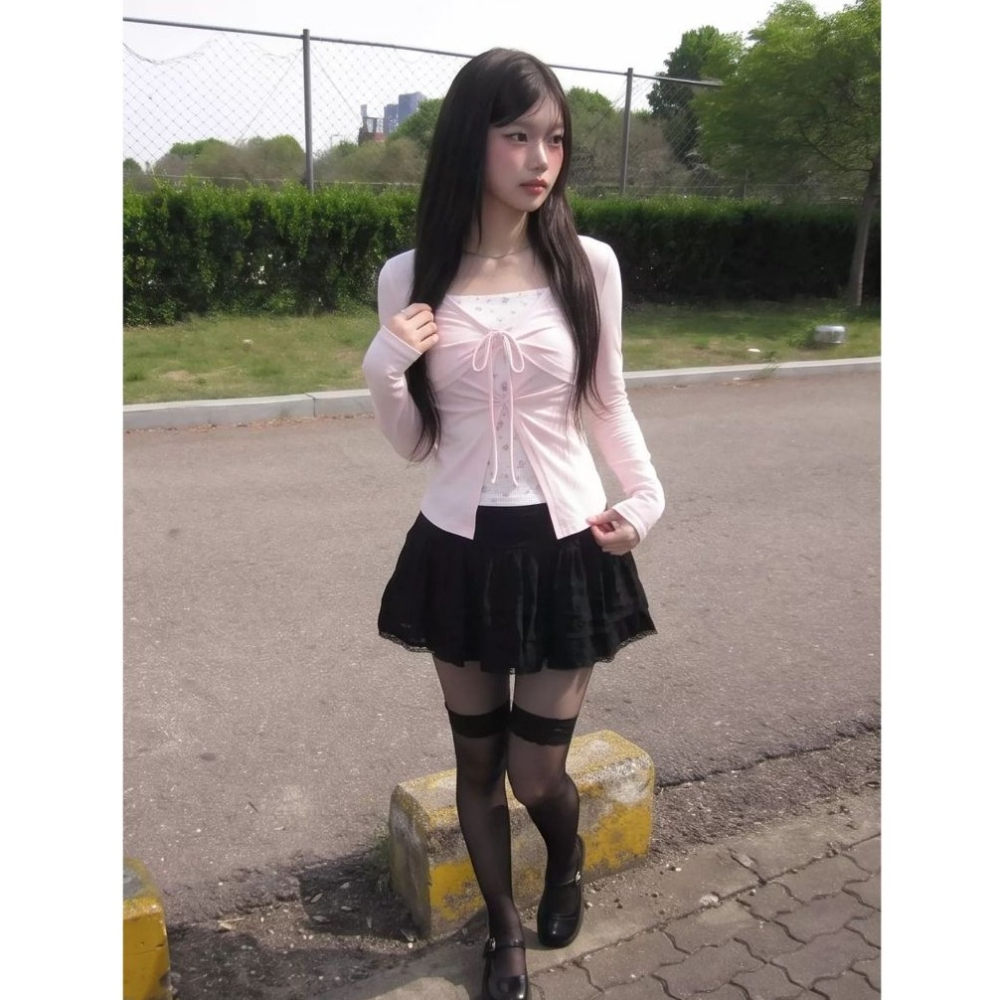 bunny_stall 💐韓劇女主角的甜美質感碎花綁帶假兩件式長袖上衣/S-L-細節圖7