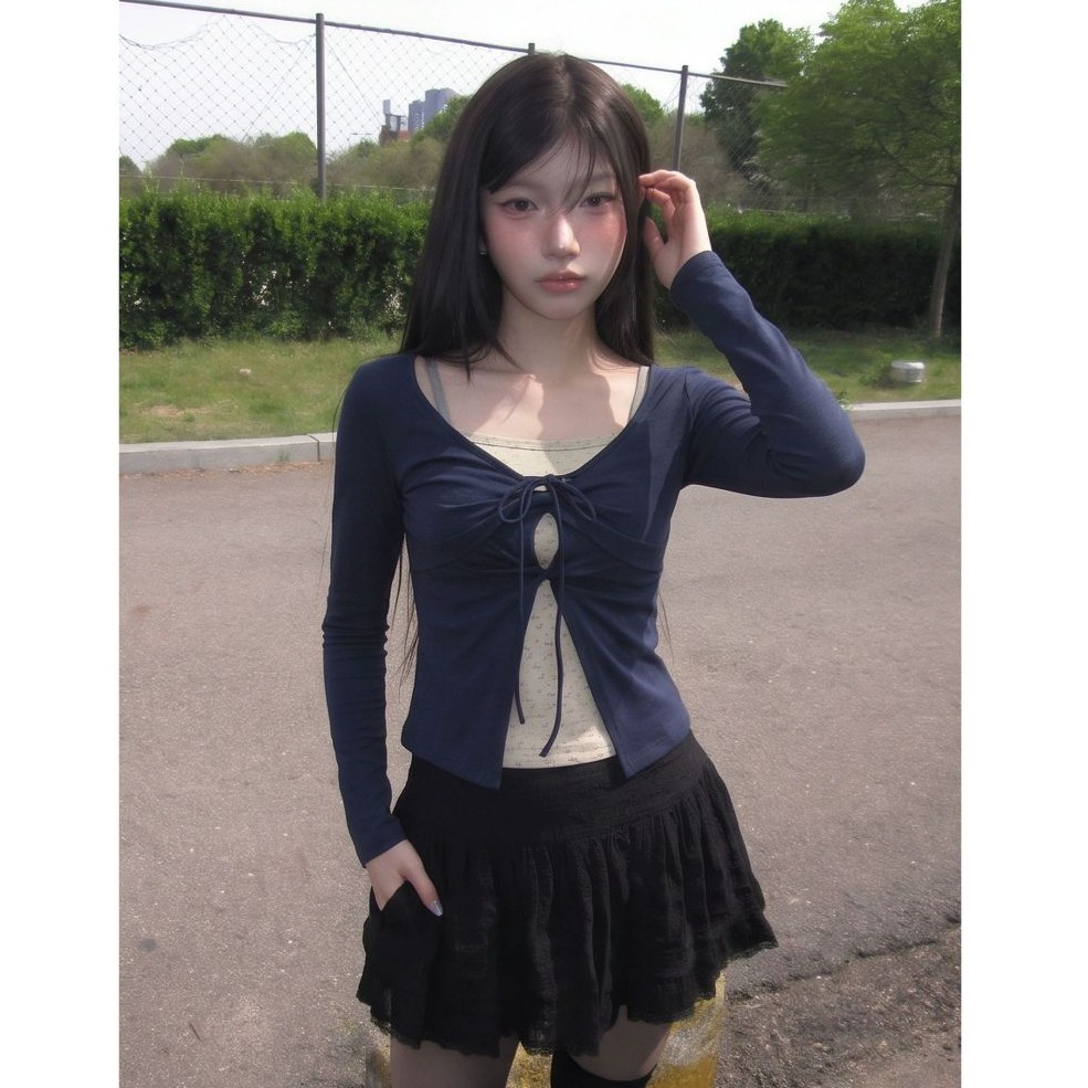 bunny_stall 💐韓劇女主角的甜美質感碎花綁帶假兩件式長袖上衣/S-L-規格圖7