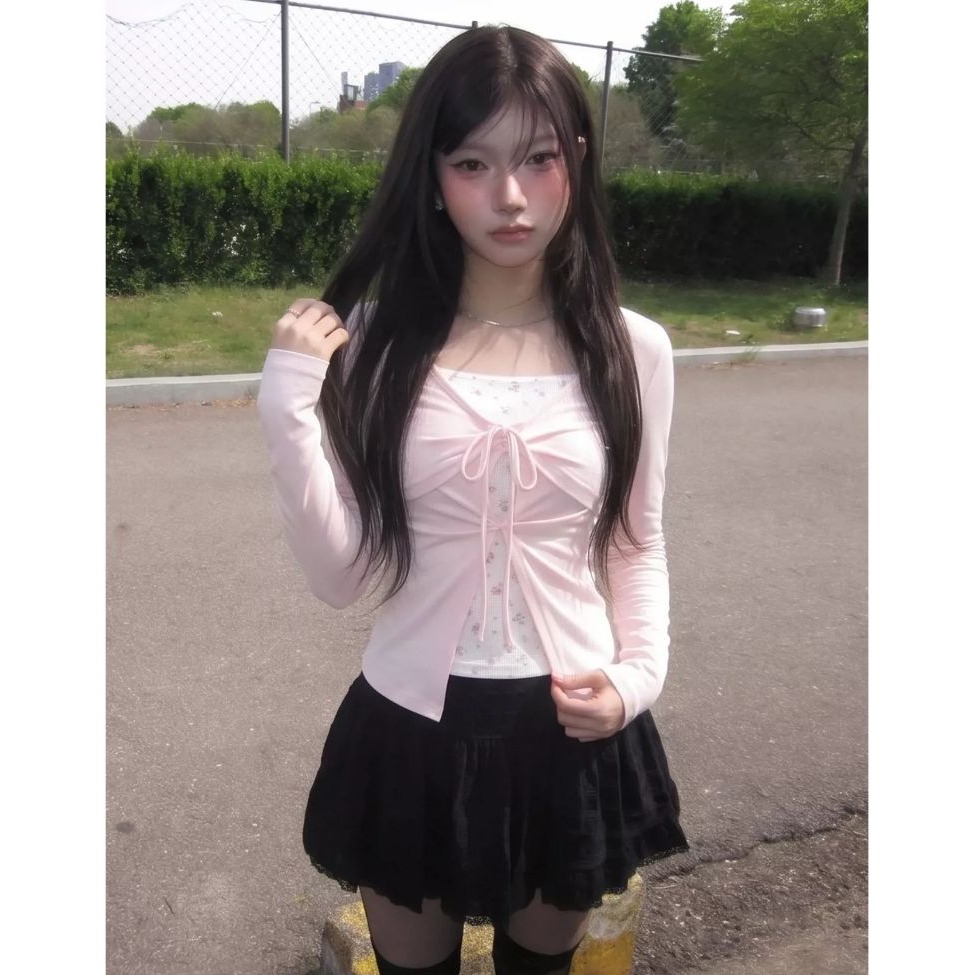 bunny_stall 💐韓劇女主角的甜美質感碎花綁帶假兩件式長袖上衣/S-L-規格圖7