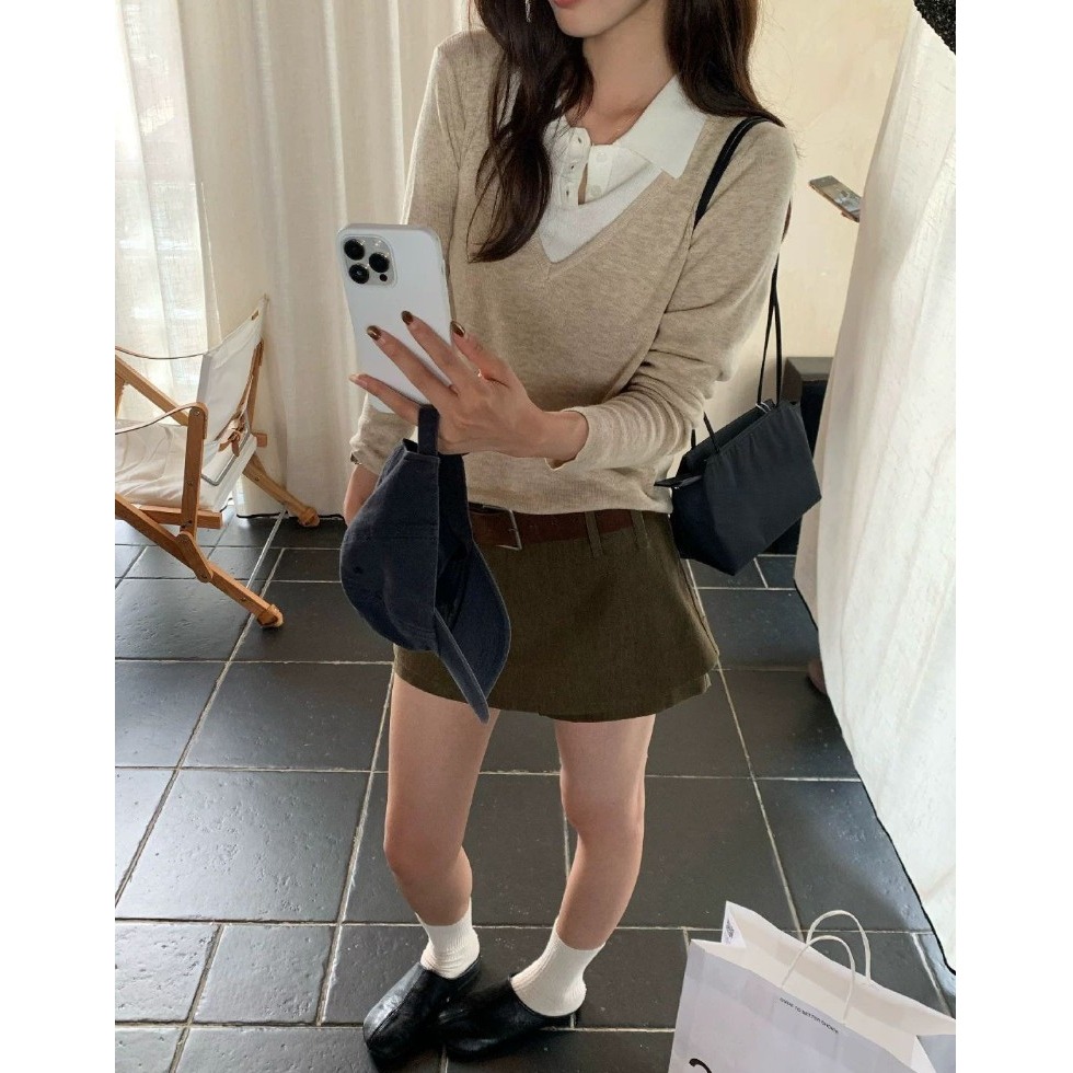 bunny_stall 小資女的辦公室日常💼Polo領拼接假兩件式針織衫/3Colors-細節圖3