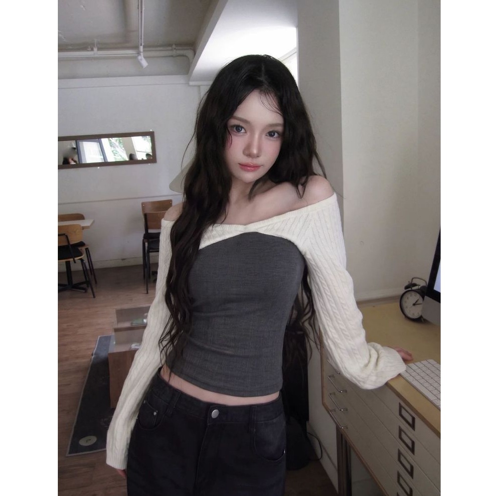 bunny_stall 我的願望清單🌟麻花拼接假兩件式露肩針織衫/S-L-細節圖2