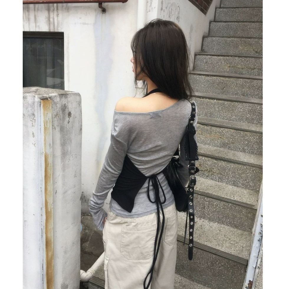 bunny_stall 秋日絮語🖤疊穿扭結掛脖背心+長袖內搭兩件式上衣/S-L-細節圖2