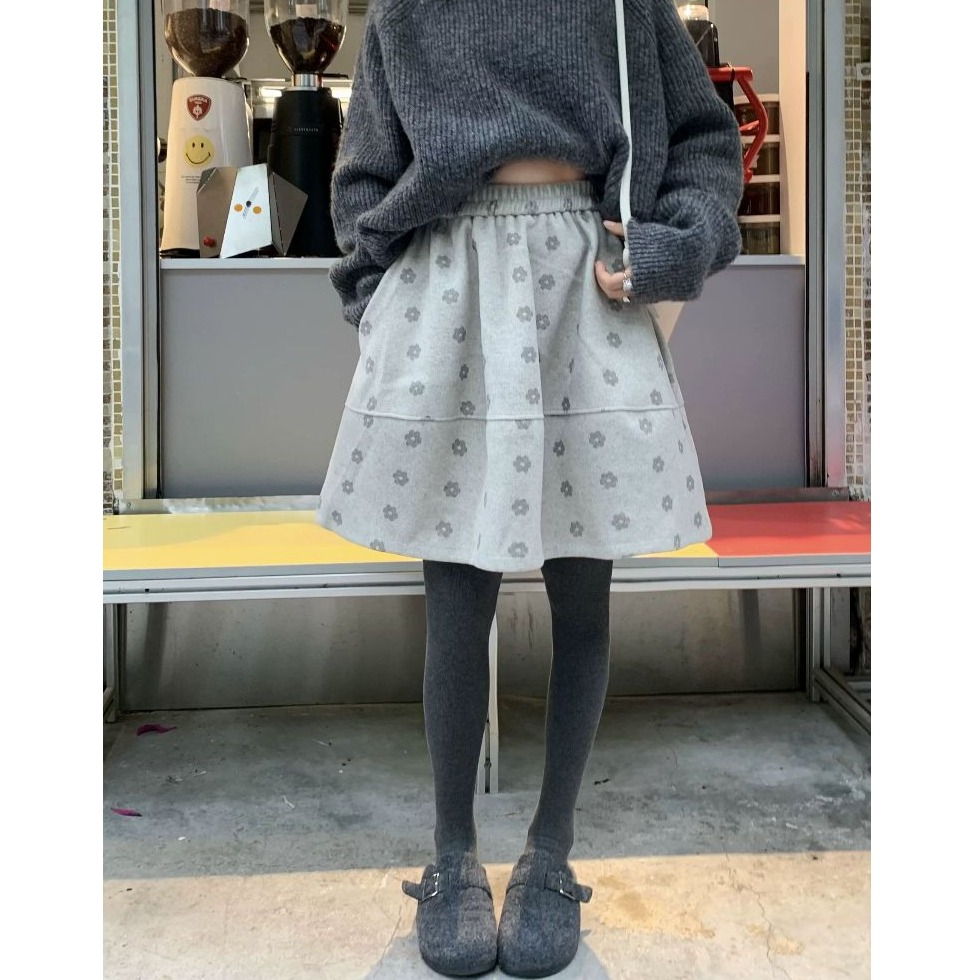 bunny_stall 復古感十足的毛呢花朵印花鬆緊腰蓬蓬裙/中長裙/3Colors-細節圖7