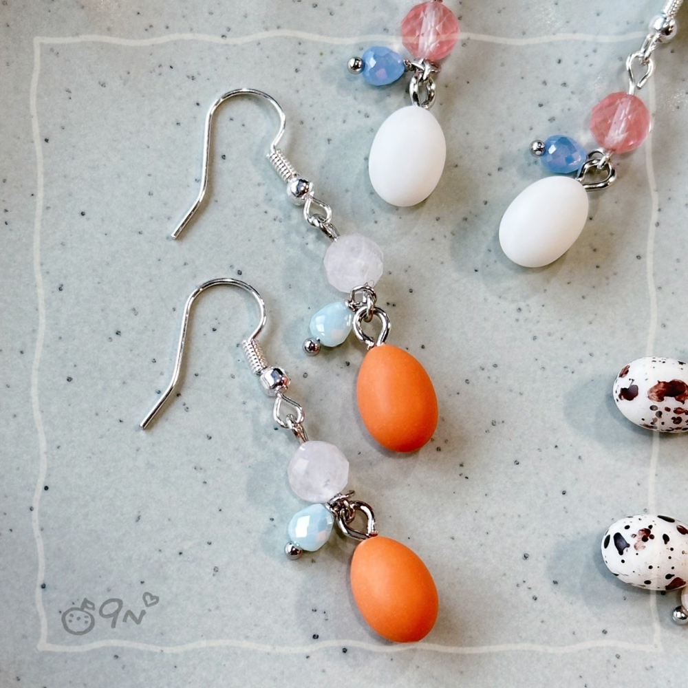 《9n手作》蛋蛋的優雅 雞蛋 土雞蛋 鵪鶉蛋水晶串珠耳環-細節圖2