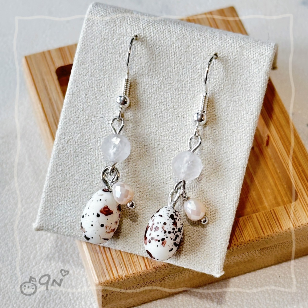 《9n手作》蛋蛋的優雅 雞蛋 土雞蛋 鵪鶉蛋水晶串珠耳環-細節圖4