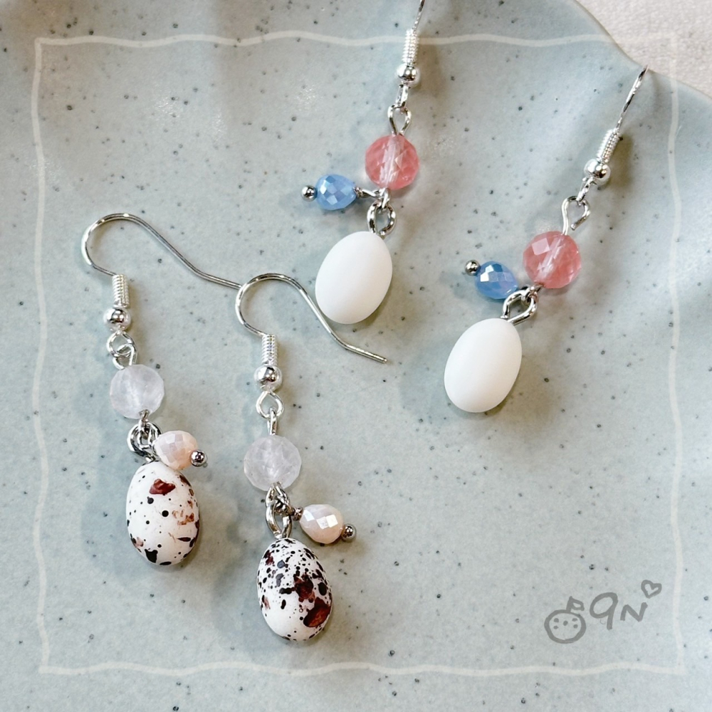 《9n手作》蛋蛋的優雅 雞蛋 土雞蛋 鵪鶉蛋水晶串珠耳環-細節圖7