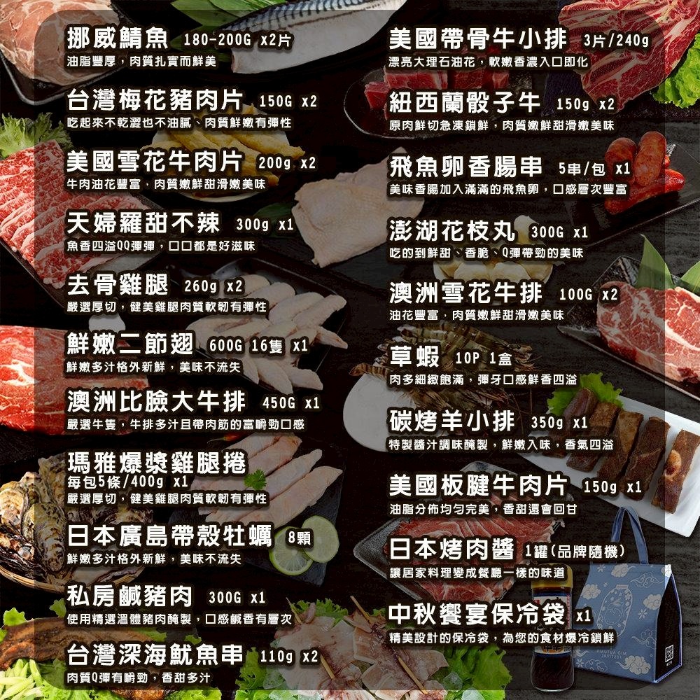 中秋烤肉齊聚盛宴28件組(約8-10人份) 0運費【海陸管家】鯖魚 豬肉片 牛肉片 骰子牛 魷魚 牛排 雞翅 雞腿 牡蠣-細節圖2
