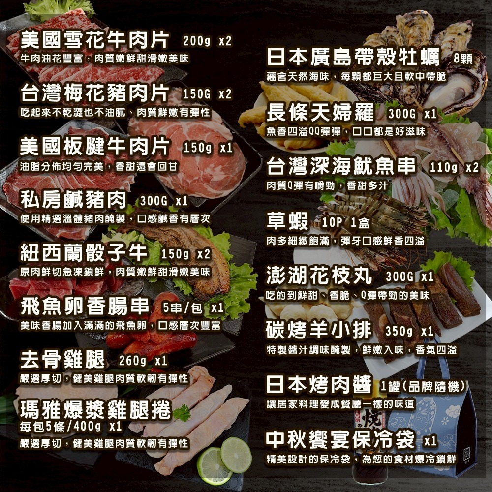 中秋烤肉全家福同享20件組(約6-8人份) 0運費【海陸管家】牛肉片 豬肉片 骰子牛 香腸 雞腿 牡蠣 魷魚 羊小排-細節圖2