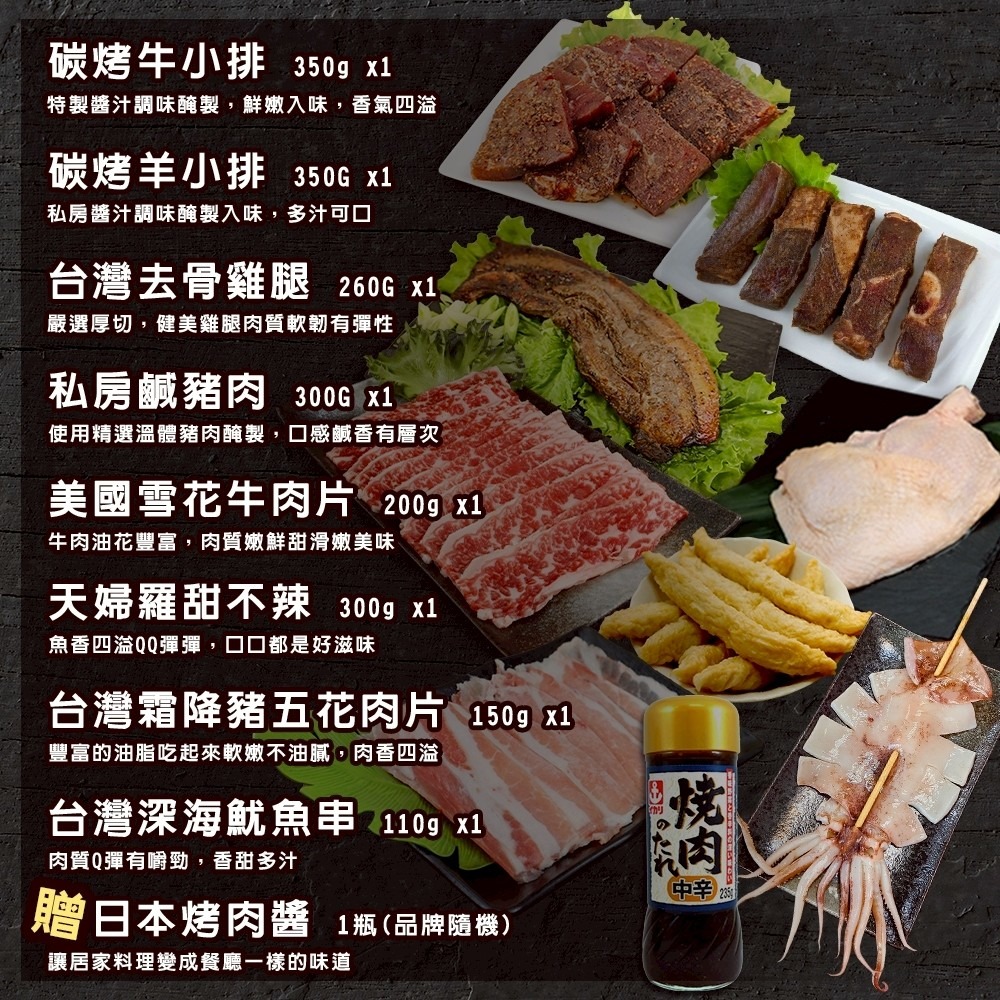 經典烤肉派對超值8件組(約4-6人份) 贈日本烤肉醬【海陸管家】羊小排 鹹豬肉 牛肉片 豬肉片 魷魚 甜不辣 雞腿排-細節圖2