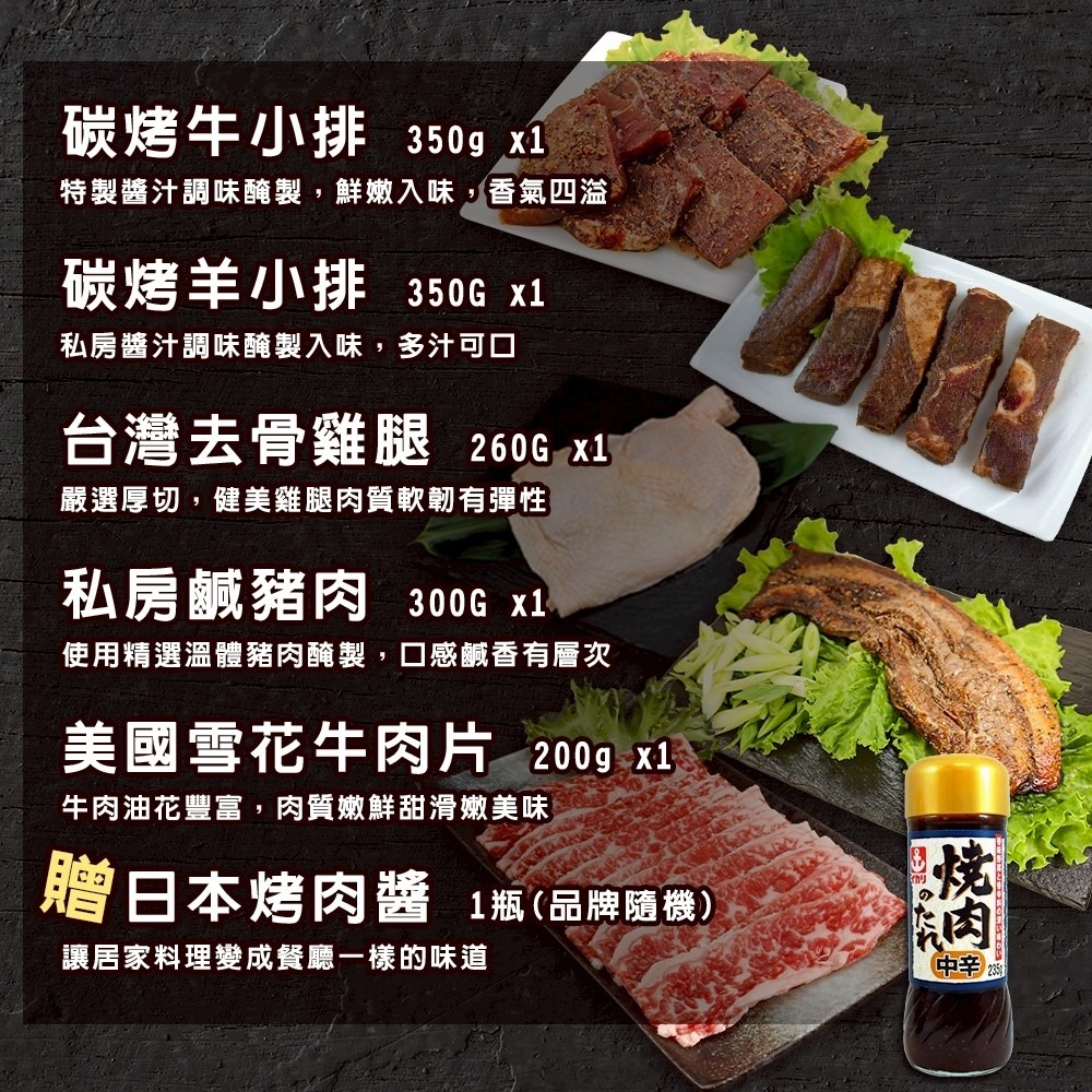經典烤肉派對超值5件組(約3-5人份) 贈日本烤肉醬【海陸管家】羊小排 牛小排 鹹豬肉 牛肉片 雞腿排 烤肉組 中秋-細節圖2