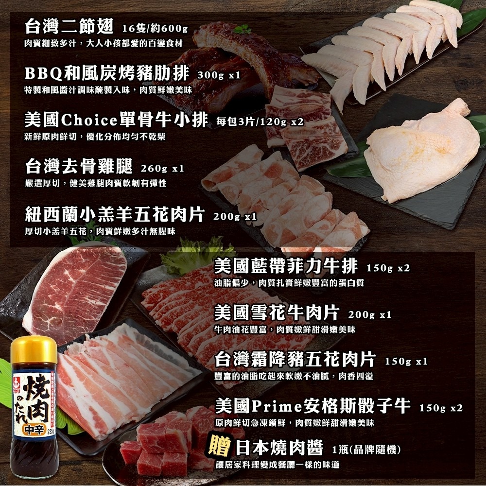 小確幸肉滿足12件組(約4-6人份) 贈日本烤肉醬【海陸管家】二節翅 牛小排 骰子牛 羊五花 豬肋排 雞腿排 豬肉片-細節圖2