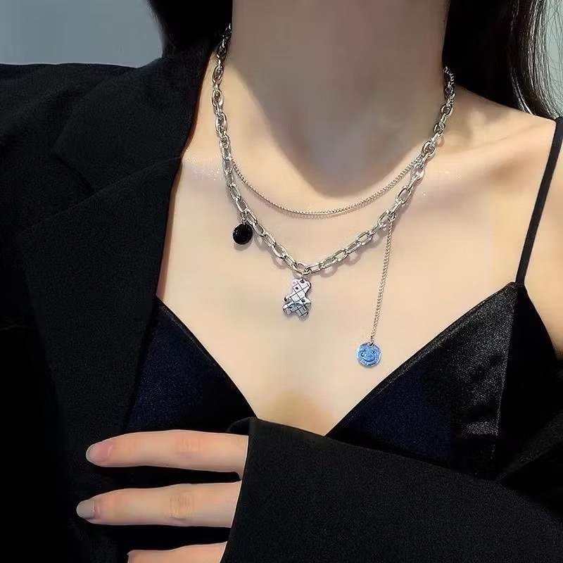 【三尾魚】台灣快速出貨 鈦鋼嘻哈小熊雙層項鍊 笑臉吊墜 甜酷辣妹項鏈 甜美鎖骨鏈 送禮自用兩相宜-細節圖4
