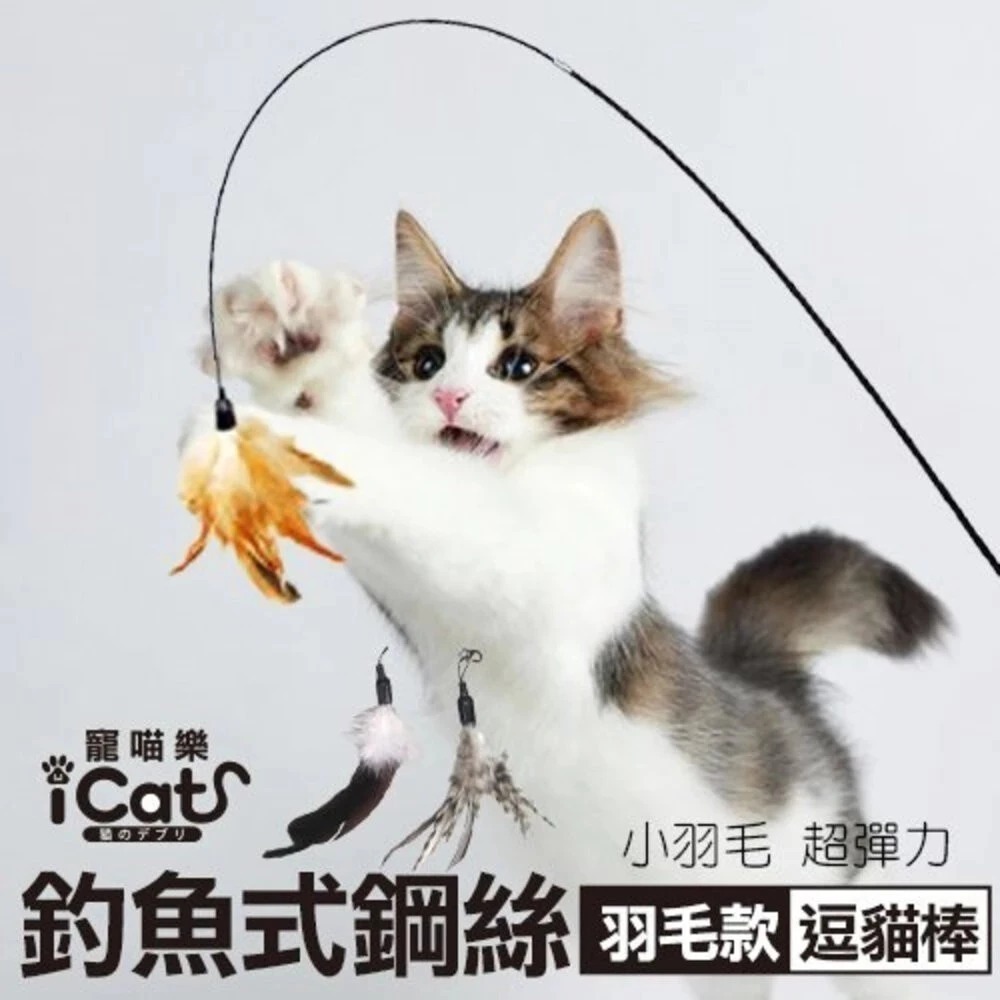 icat 寵喵樂 釣魚式鋼絲逗貓棒 羽毛款 木柄毛絨鈴鐺桶裝禮盒 伸縮式逗貓棒 逗貓棒『旺城寵物』-規格圖9