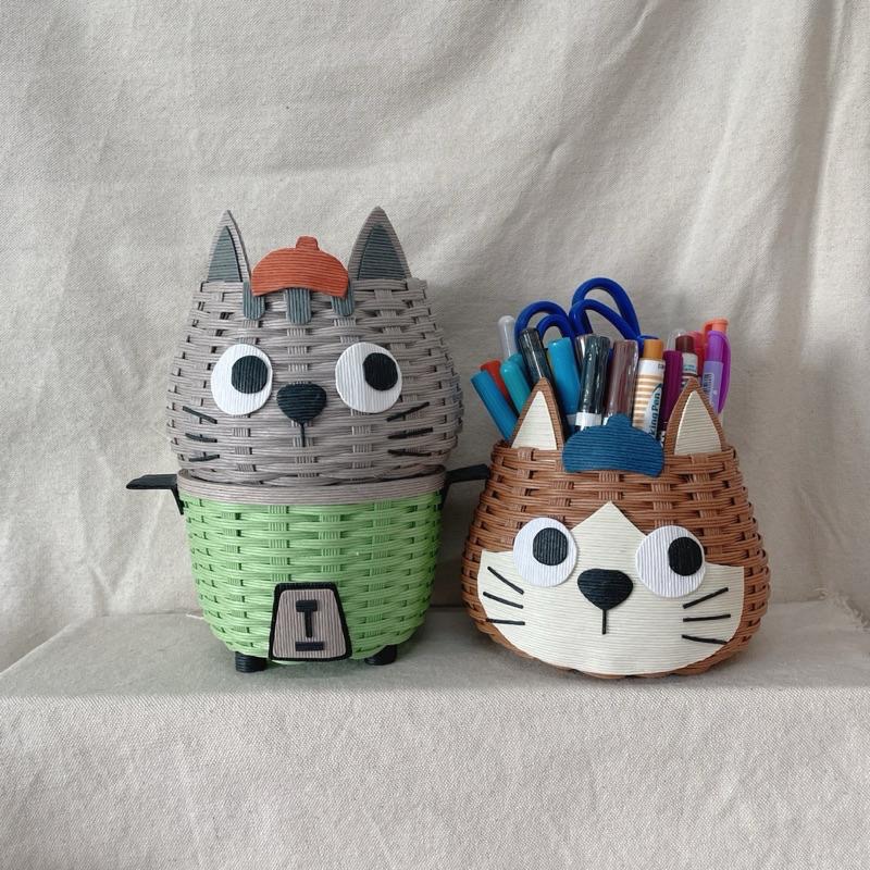 [現貨］成品 呆呆貓 紙籐籃 聖誕節禮物 收納籃 紙藤 生日禮物 貓咪 筆桶 手作禮物-細節圖4