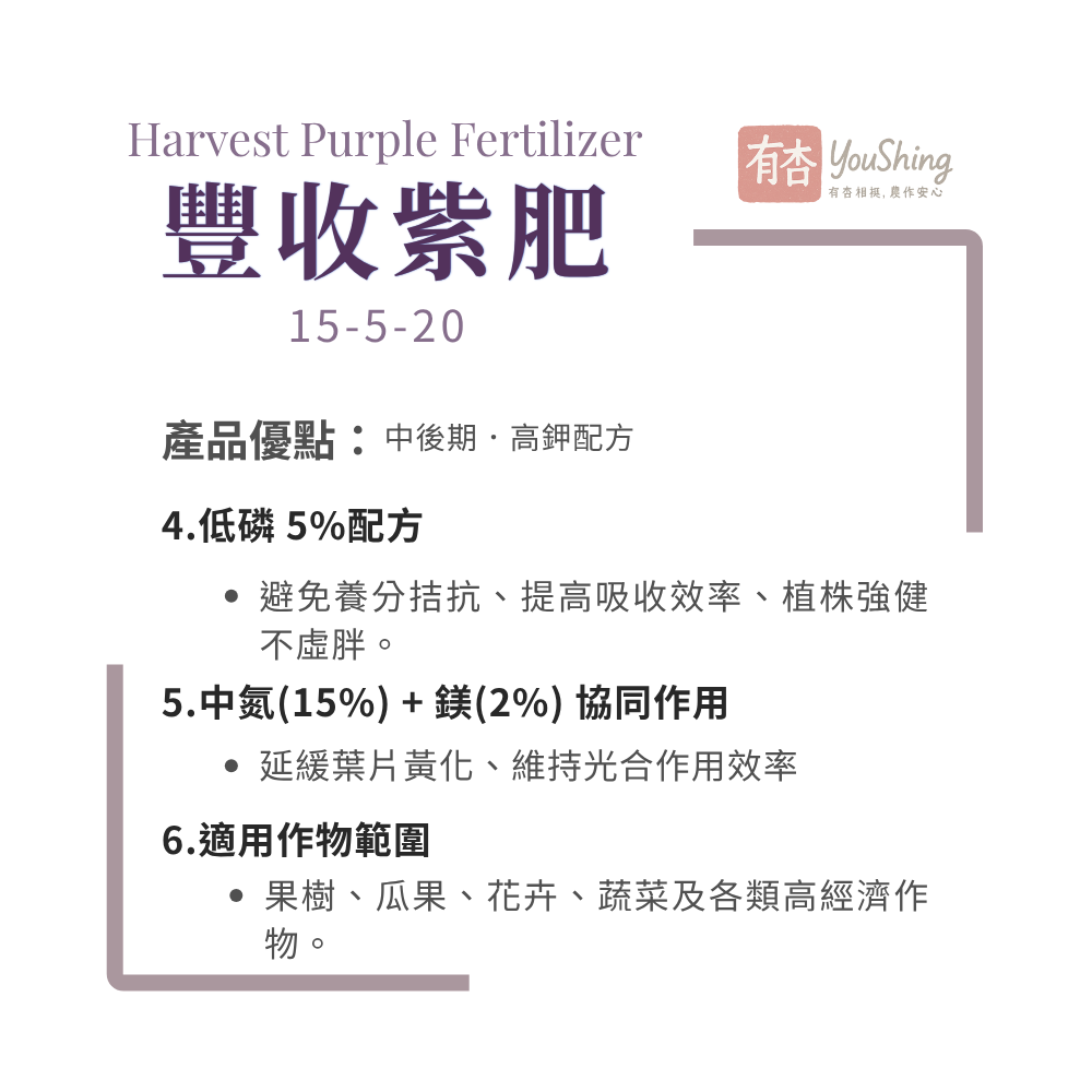 【有杏】豐收紫肥 20kg｜NPK 15-5-20 無氯高鉀複合肥｜比利時進口｜果實生長膨大成熟期｜提升甜度及轉色-細節圖4