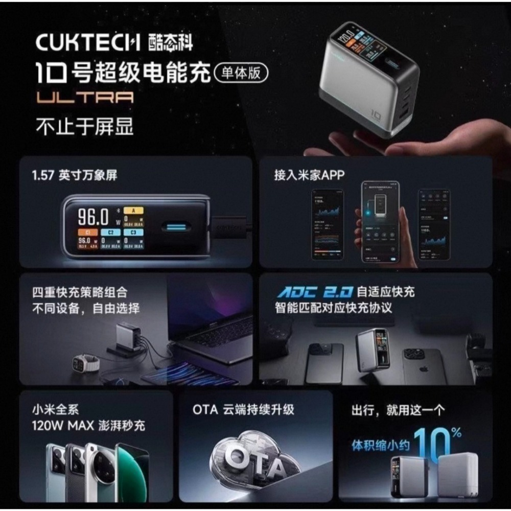 CUKTECH酷態科10號Ultra 120W，屏顯顯示，支援小米， 相容PPS 100W/三星/OPPO/vivo-細節圖3