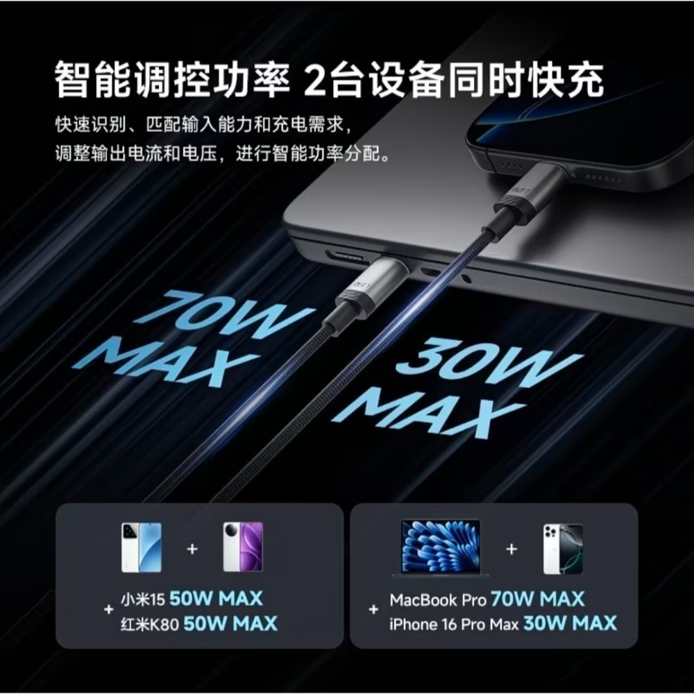 CUKTECH酷態科10號超級電能線一拖二快速充電線 一線二用 舊充電設備秒變新款 充電二合一 充電協議多合一-細節圖6