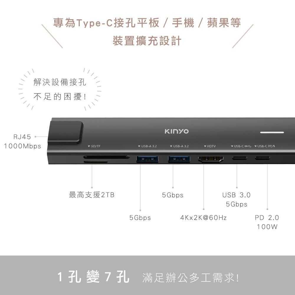 含稅原廠保固一年KINYO鋁合金2TypeC PD快充+2USB+RJ45+HDMI+讀卡擴充器座HUB(KCR-418-細節圖2
