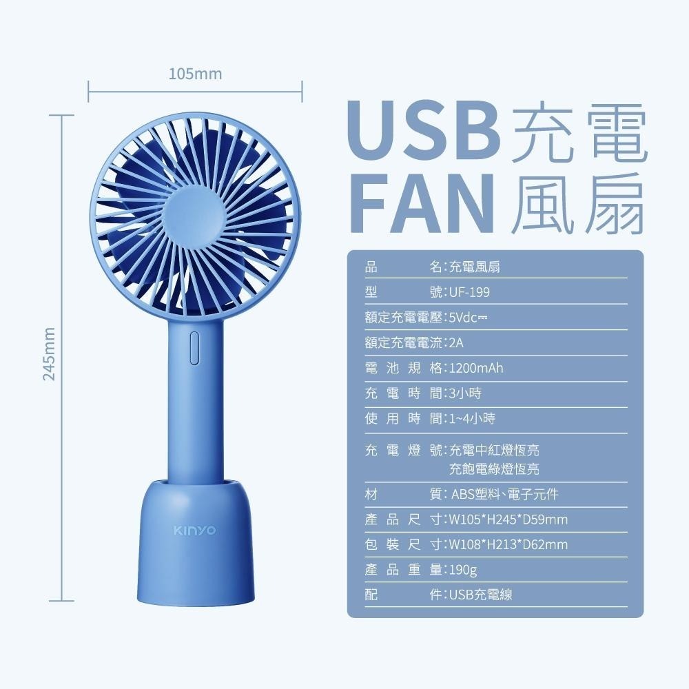 含稅全新原廠保固一年KINYO降噪4吋充電式手持桌立兩用增壓馬達3段小電風扇(UF-199)-細節圖8