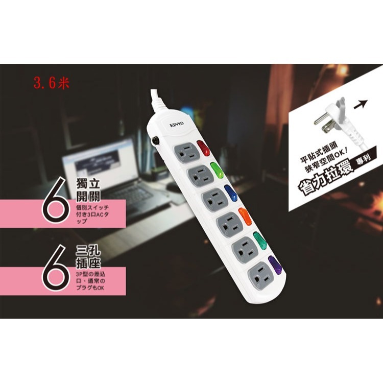 含稅全新原廠保固一年KINYO台灣製造專利1.8米6切6座3P安全延長線(CG166-6.9.12)字號R53951-細節圖3