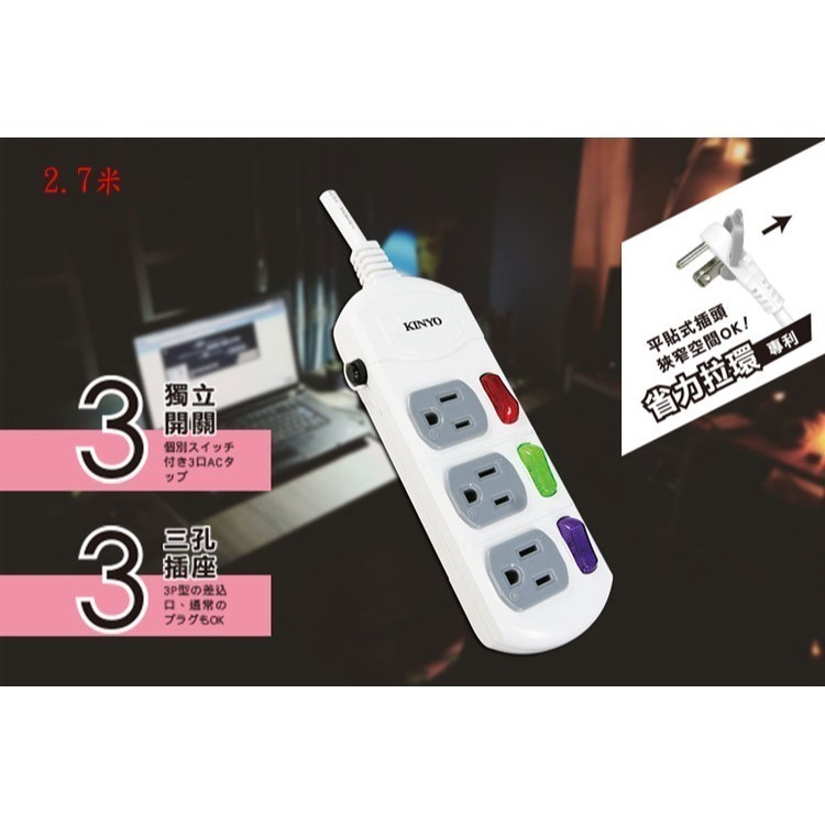 含稅全新原廠保固一年KINYO台灣製造平貼式插頭過載保護3切3座3P防火耐燃延長線插座插頭(CG133-6.9.12)-細節圖2