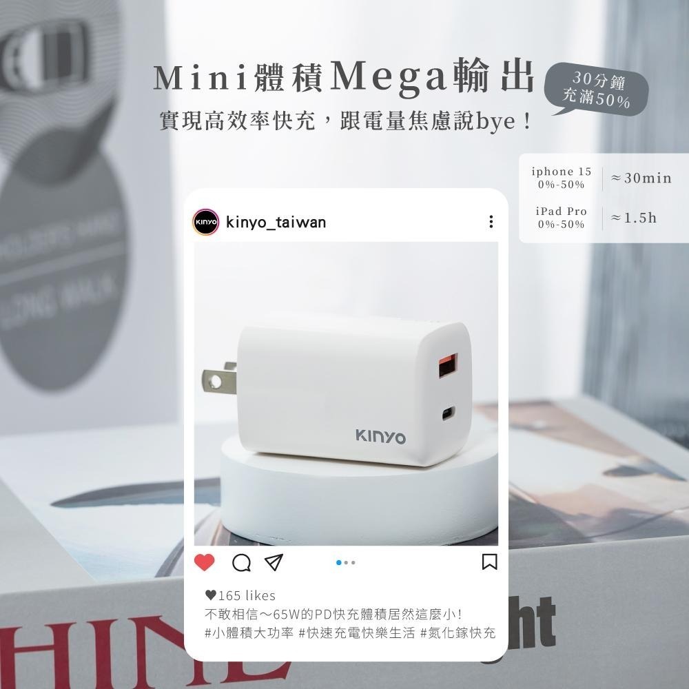 含稅全新原廠保固一年KINYO氮化鎵65W高效快充PD3.0USB+Type C多重保護充電器充電頭(PDCB-165)-細節圖3