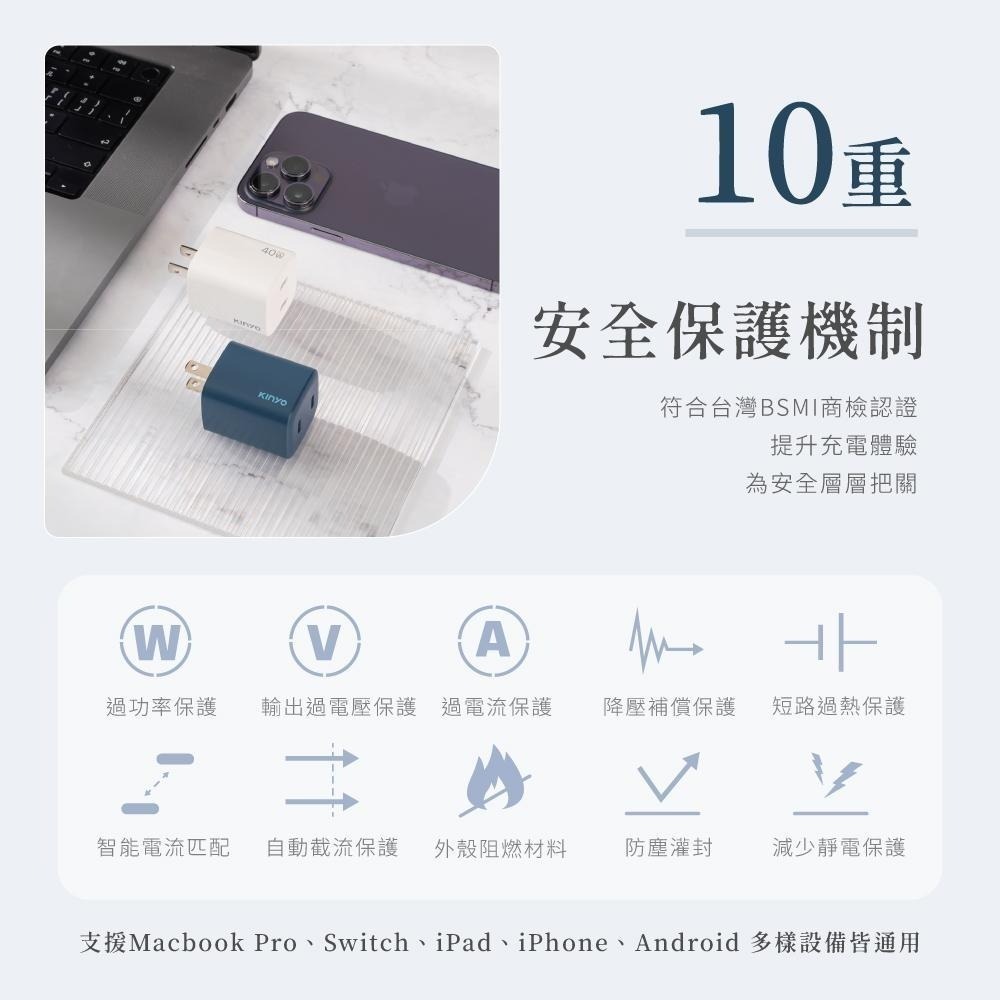 含稅全新原廠保固一年KINYO全球旅行氮化鎵急速PD3.0快充40W雙孔10重保護充電器充電頭PDCB-140-細節圖10
