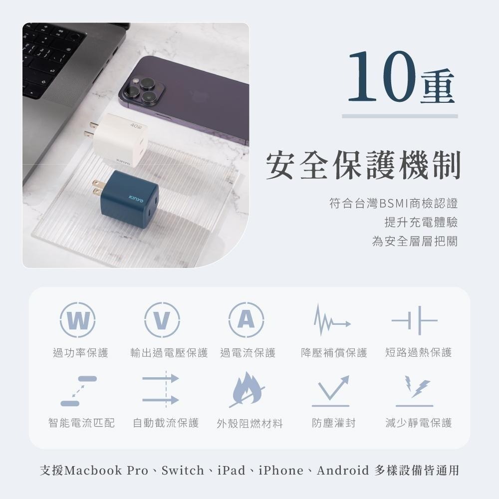 含稅全新原廠保固一年KINYO全球旅行氮化鎵急速PD3.0快充40W雙孔10重保護充電器充電頭APDCB-140-細節圖10