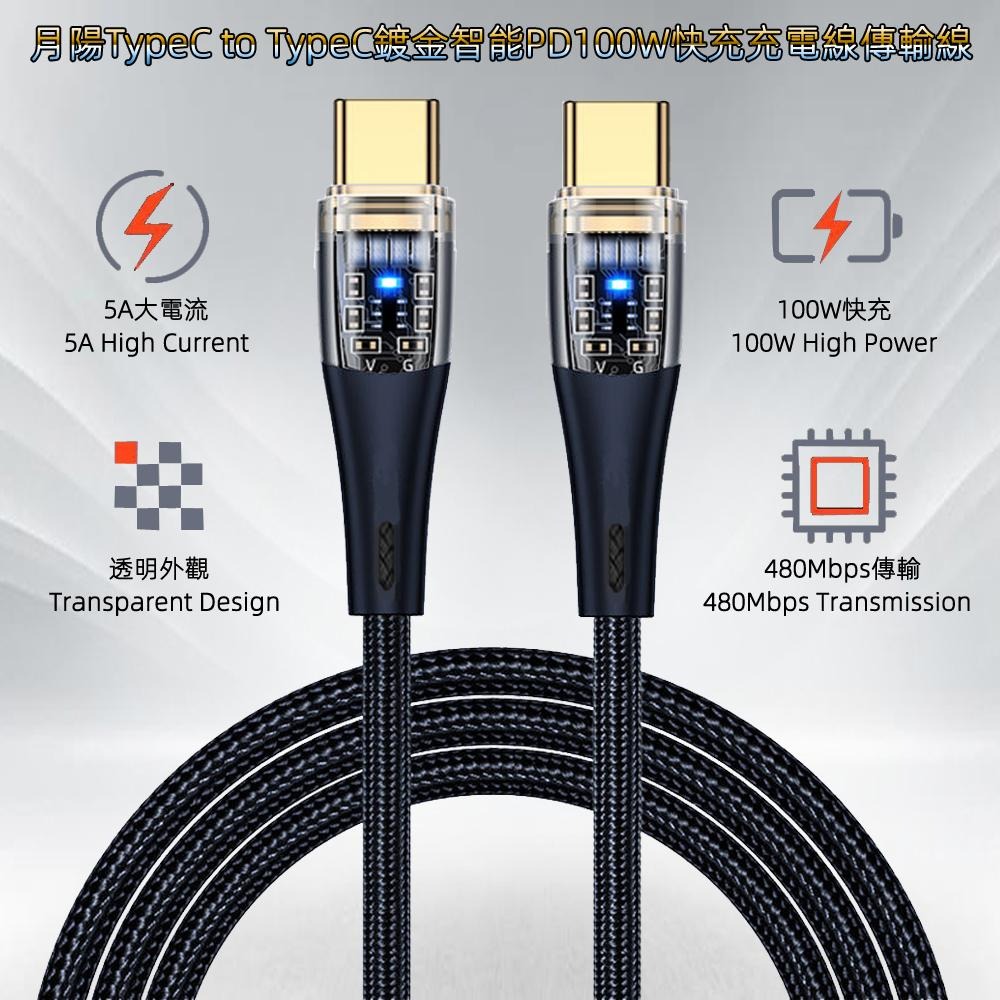 含稅全新特價月陽透明接頭TypeC to TypeC鍍金1.5米智能PD100W快充耐拉扯尼龍充電線傳輸線TTYC150-細節圖2
