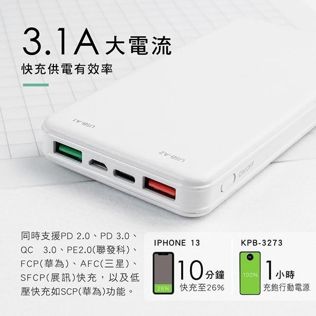 含稅全新原廠保固一年KINYO全兼容PD/QC快充安規認證久重保護行動電源(KPB-3273)-細節圖3