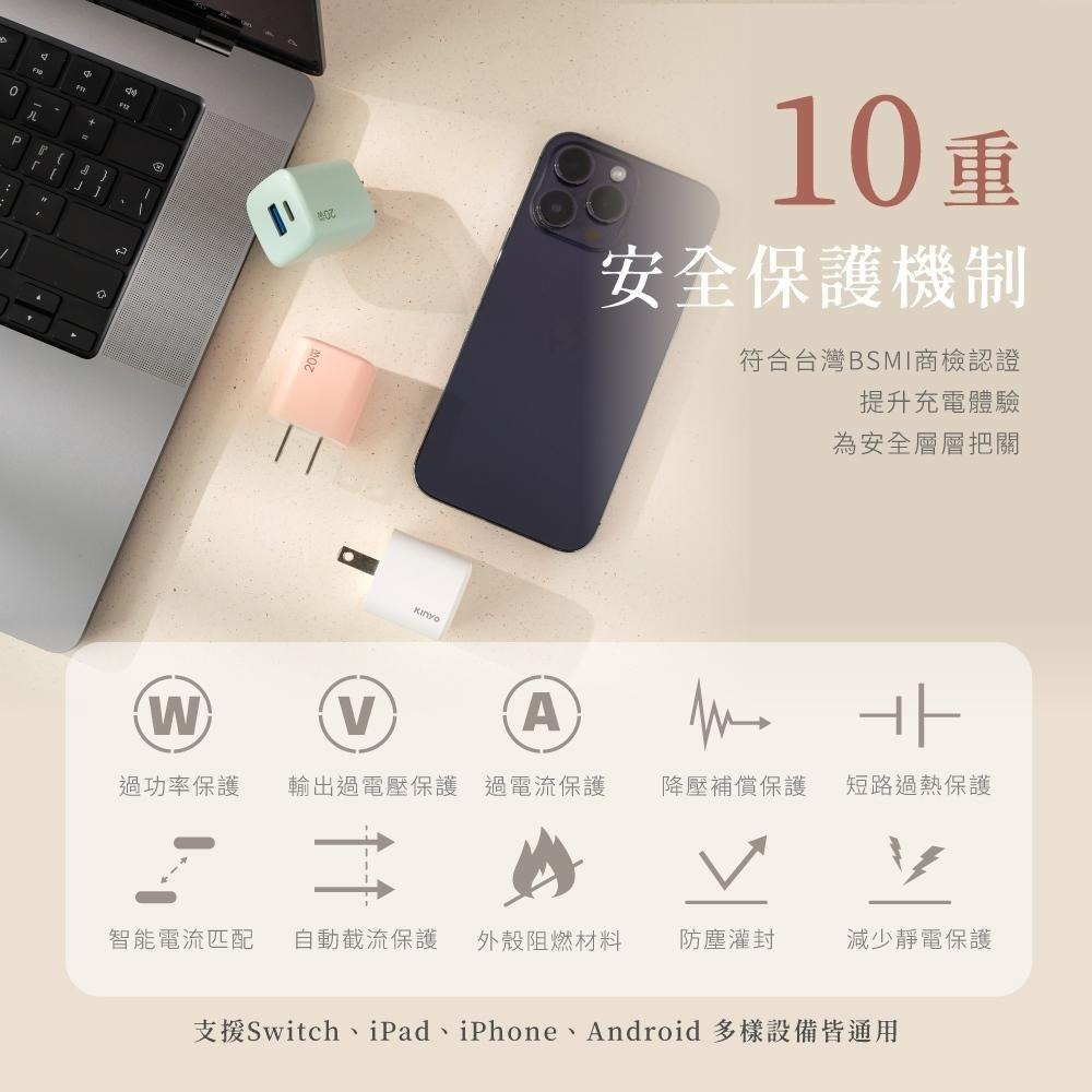 含稅全新原廠保固一年KINYO氮化鎵20W高效快充PD3.0+ Type C多重保護充電器充電頭(PDCB-120)-細節圖8