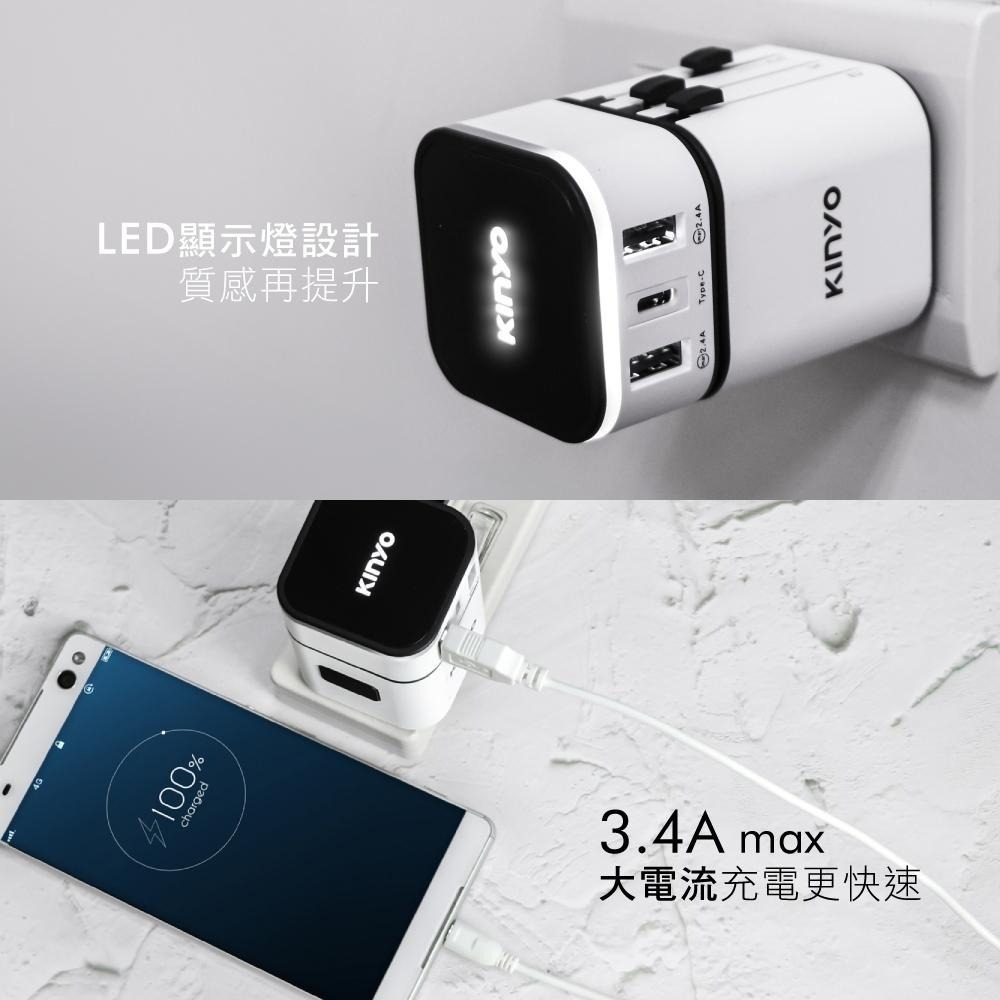 含稅全新原廠保固一年KINYO大電流3.4A萬國旅行2USB+1TypeC轉接插頭充電器充電頭(MPP-3456-1)-細節圖8
